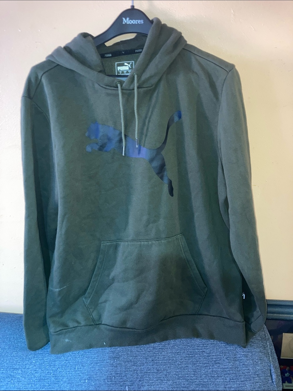 Puma Olive Green Pullover Hoodie with Tonal Puma Cat